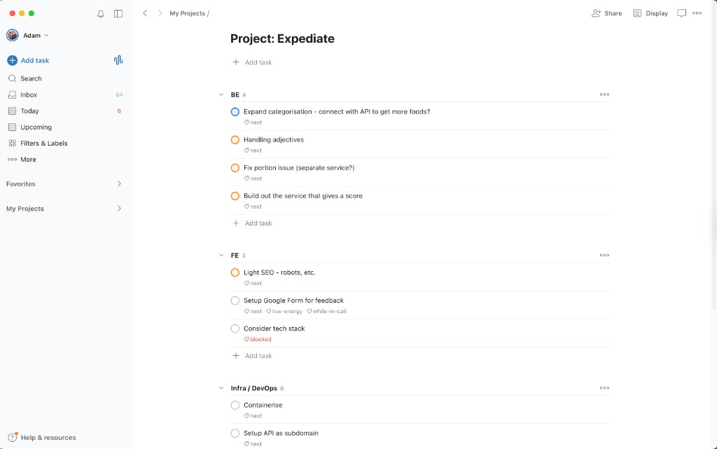 Todoist board showing MVP and iteration tasks